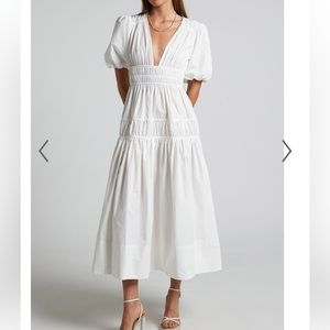 SHOWPO MELLIE MIDI DRESS - PUFF SLEEVE PLUNGE TIERED DRESS IN WHITE